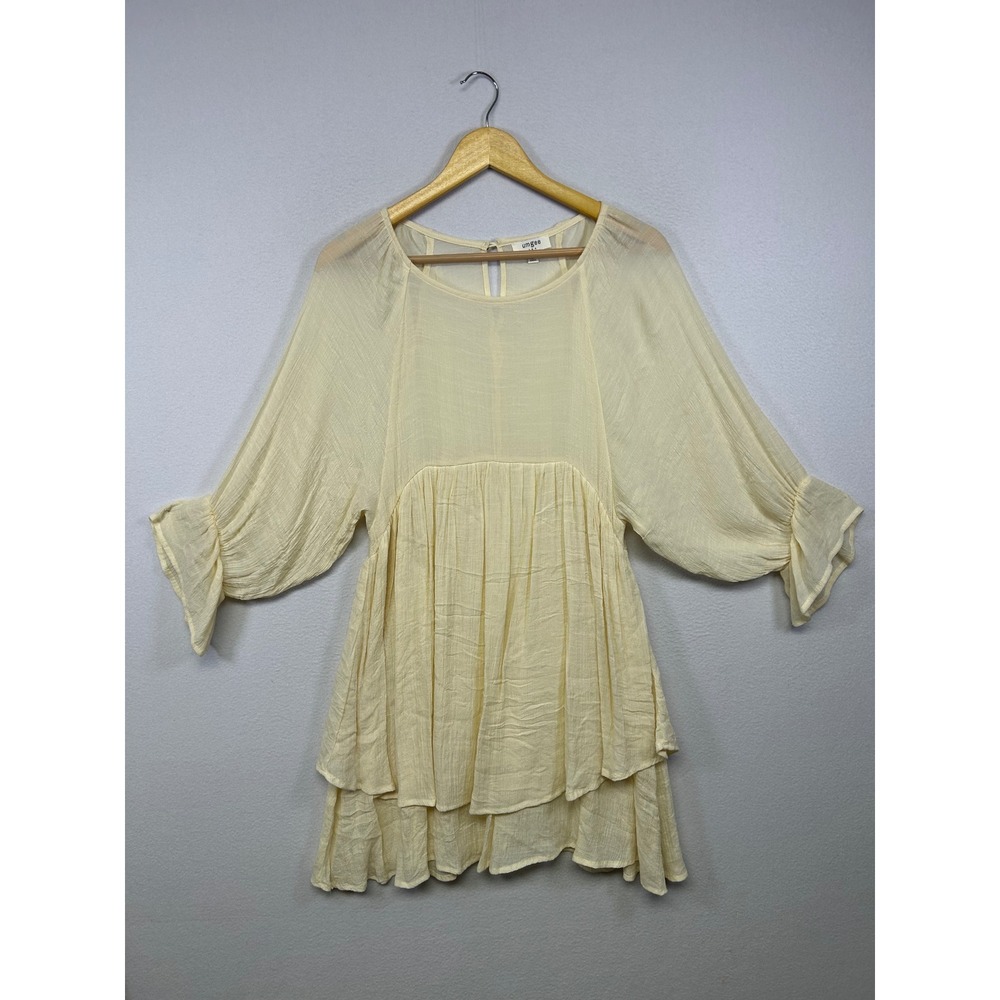 Boho Cottagecore Umgee Womens Size S Pale Yellow Tiered Bell Sleeve Babydoll Top